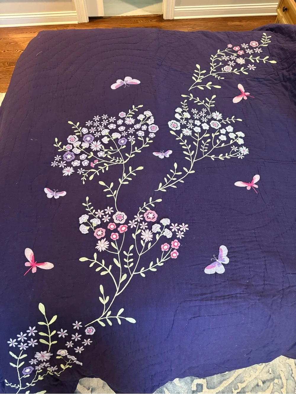 Pottery Barn Kids Embroidered Floral Butterfly Quilt in Deep Purple